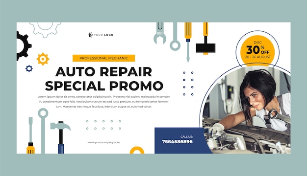 Vector gratuito plantilla de banner de venta horizontal de servicios de taller de reparación de automóviles planos