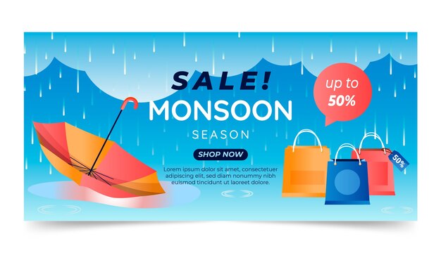 Plantilla de banner de venta horizontal de temporada de monzón degradado