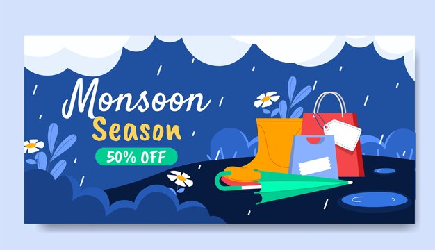 Plantilla de banner de venta horizontal de temporada de monzón plano con bolsas de compras y botas de lluvia