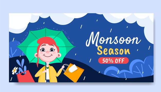 Plantilla de banner de venta horizontal de temporada de monzón plano con mujer bajo paraguas con bolsas de compras