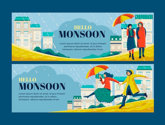 Vector gratuito plantilla de banner de venta horizontal para la temporada del monzón