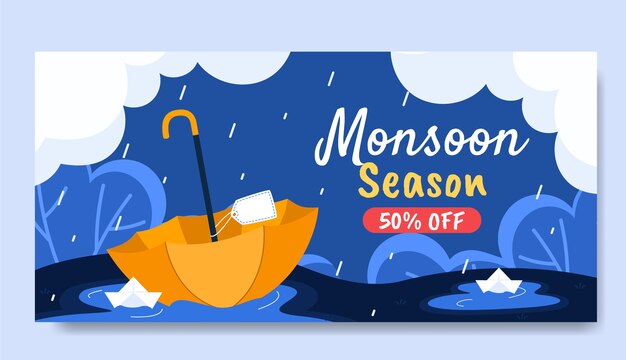 Plantilla de banner de venta horizontal de temporada plana de monzón con paraguas y botes de papel