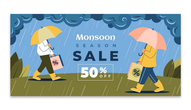 Vector gratuito plantilla de banner de venta horizontal de temporada plana del monzón