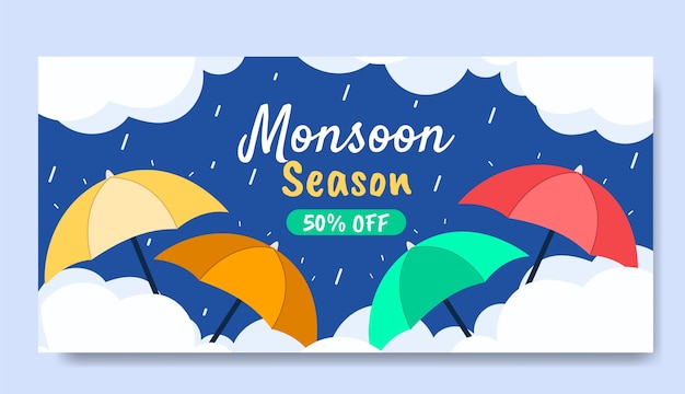 Plantilla de banner de venta horizontal de temporada plana de monzones con lluvia y sombrillas