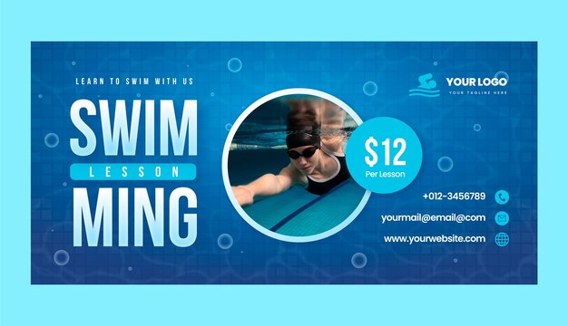 Plantilla de banner de venta de lecciones de natación degradado