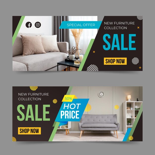 Plantilla de banner de venta de muebles degradados con foto