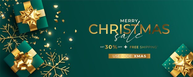 Plantilla de banner de venta de navidad realista verde y dorado