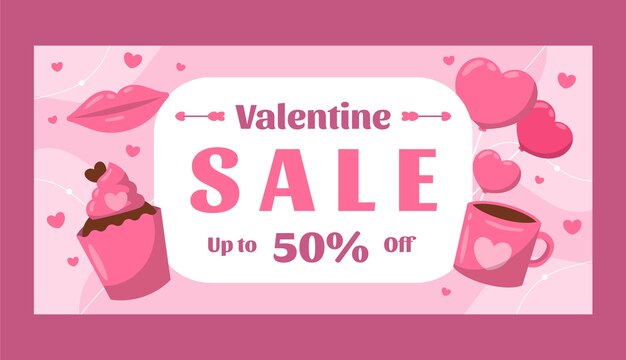 Plantilla de banner de venta plana horizontal para la celebración del día de san valentín