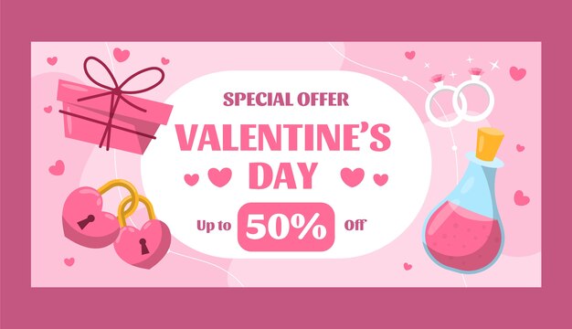 Plantilla de banner de venta plana horizontal para la celebración del día de san valentín