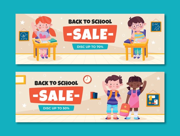Plantilla de banner de venta plana horizontal para la temporada de regreso a la escuela