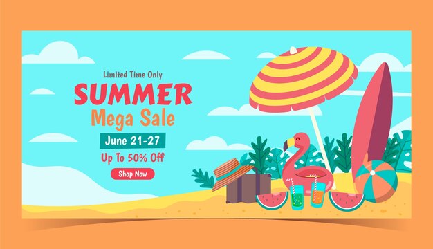 Plantilla de banner de venta plana horizontal para el verano