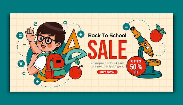 Plantilla de banner de venta de regreso a la escuela dibujada a mano