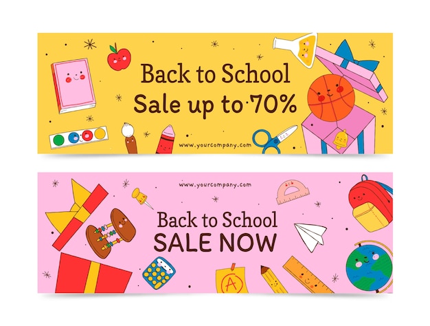 Plantilla de banner de venta de regreso a la escuela dibujada a mano