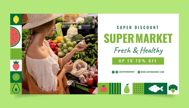 Plantilla de banner de venta de supermercado de diseño plano