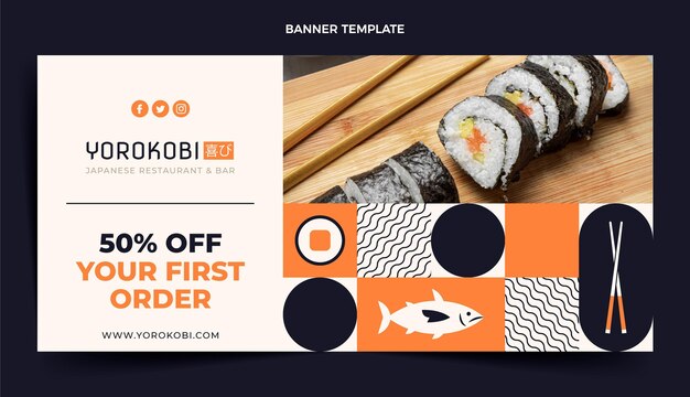 Plantilla de banner de venta de sushi de diseño plano