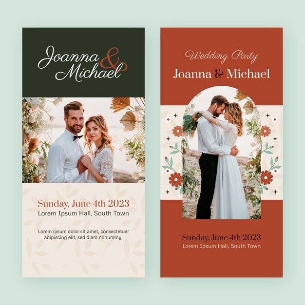 Plantilla de banner vertical de celebración de boda de diseño plano