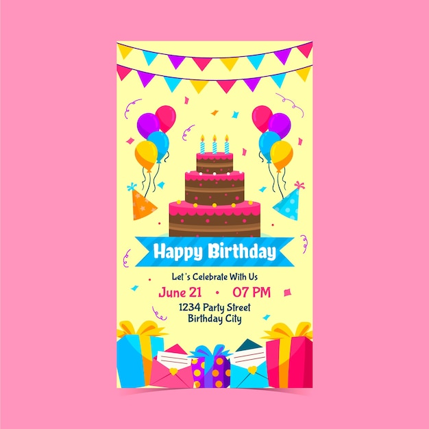 Plantilla de banner vertical para celebración de fiesta de cumpleaños