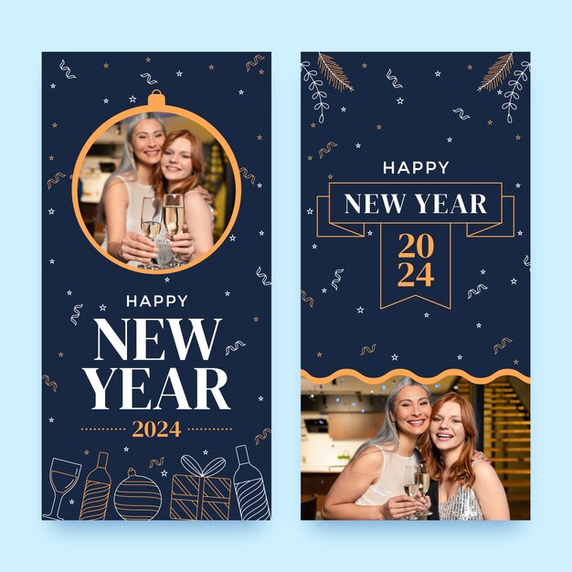 Plantilla de banner vertical dibujada a mano para la celebración del año nuevo 2024