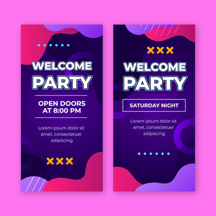 Vector gratuito plantilla de banner vertical de fiesta de bienvenida degradado