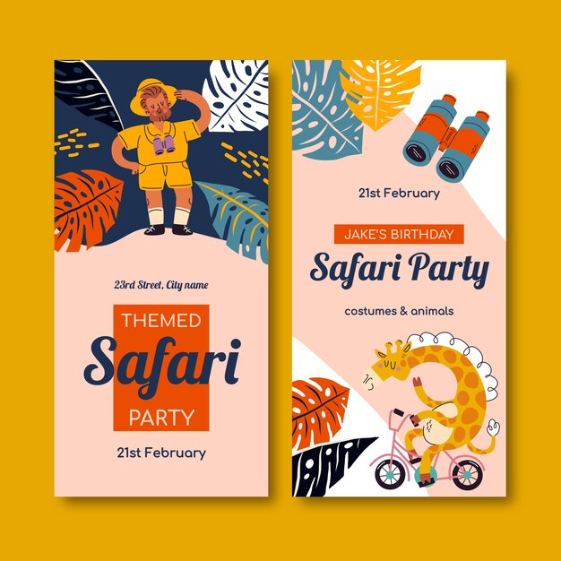 Plantilla de banner vertical de fiesta de safari dibujada a mano