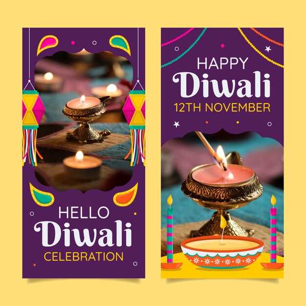 Plantilla de banner vertical plano para la celebración del festival diwali
