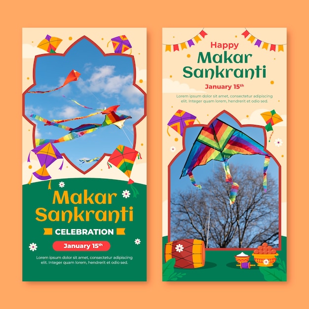 Plantilla de banner vertical plano para la celebración del festival Makar Sankranti
