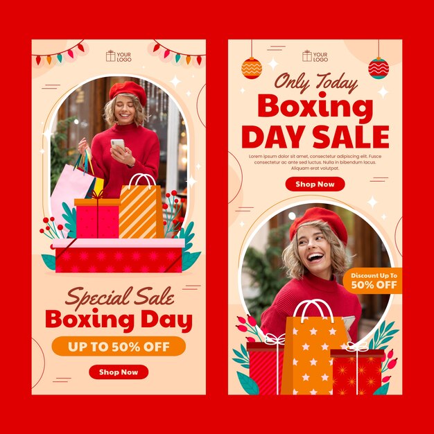 Plantilla de banner vertical plano del día del boxeo con regalos y adornos