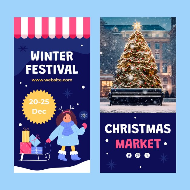 Plantilla de banner vertical plano para mercado navideño