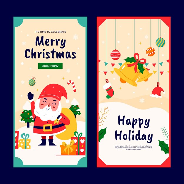 Plantilla de banner vertical para la temporada navideña con santa y campanas