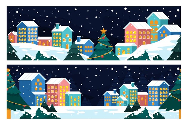 Plantilla de banners de ciudad de Navidad de diseño plano