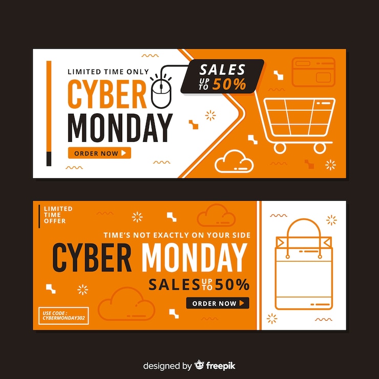 Vector gratuito plantilla de banners de cyber monday de diseño plano