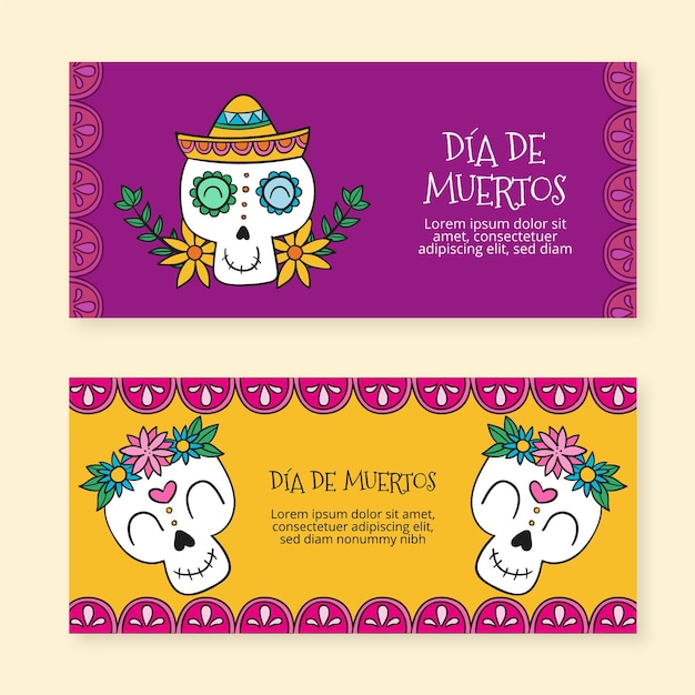 Vector gratuito plantilla de banners de dia de muertos dibujados a mano