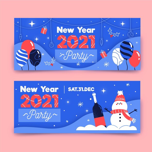Plantilla de banners de fiesta de año nuevo 2021 dibujados a mano
