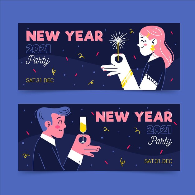 Plantilla de banners de fiesta de año nuevo 2021 dibujados a mano