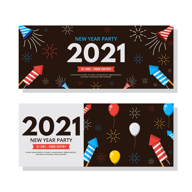 Plantilla de banners de fiesta de año nuevo 2021 en diseño plano