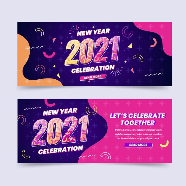 Plantilla de banners de fiesta de año nuevo 2021 en diseño plano