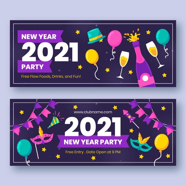 Plantilla de banners de fiesta de año nuevo 2021 en diseño plano