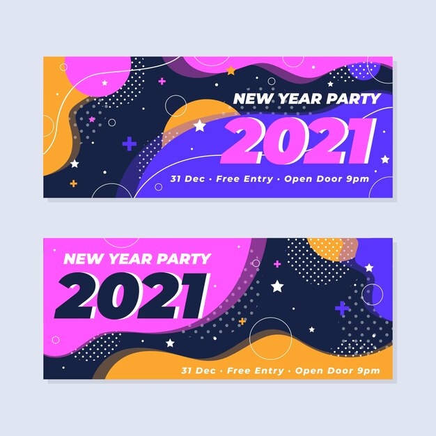 Plantilla de banners de fiesta de año nuevo 2021 en diseño plano