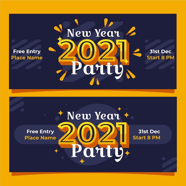 Plantilla de banners de fiesta de año nuevo 2021 en diseño plano