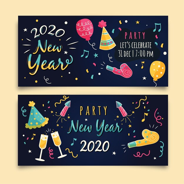 Plantilla de banners de fiesta de año nuevo dibujado a mano