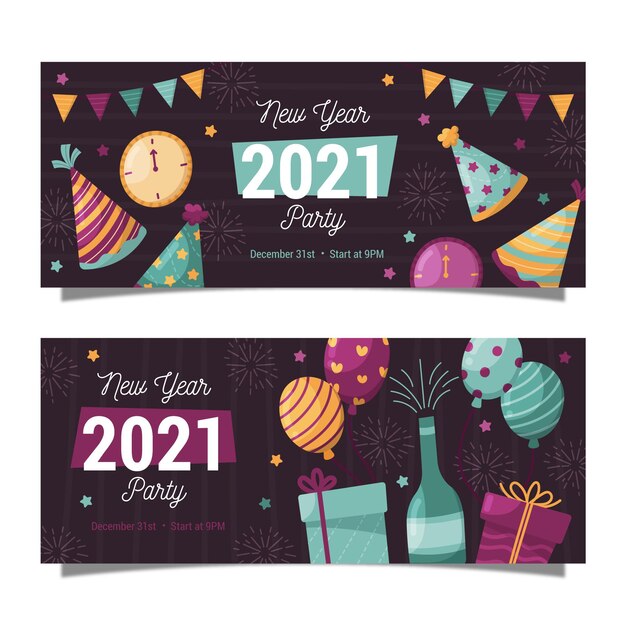 Plantilla de banners de fiesta de año nuevo dibujados a mano
