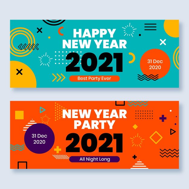 Plantilla de banners de fiesta de año nuevo de diseño plano
