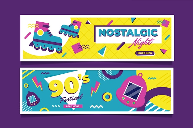 Vector gratuito plantilla de banners nostálgicos de los 90 de estilo plano