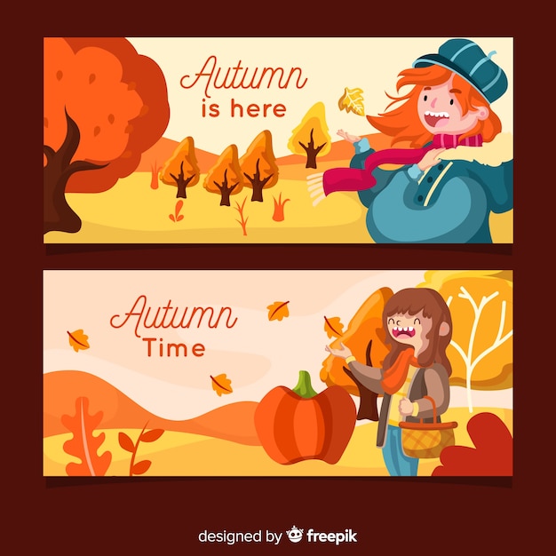 Plantilla de banners de otoño con chicas en diseño plano