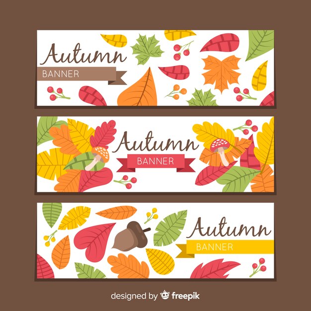 Plantilla de banners de otoño con hojas en diseño plano