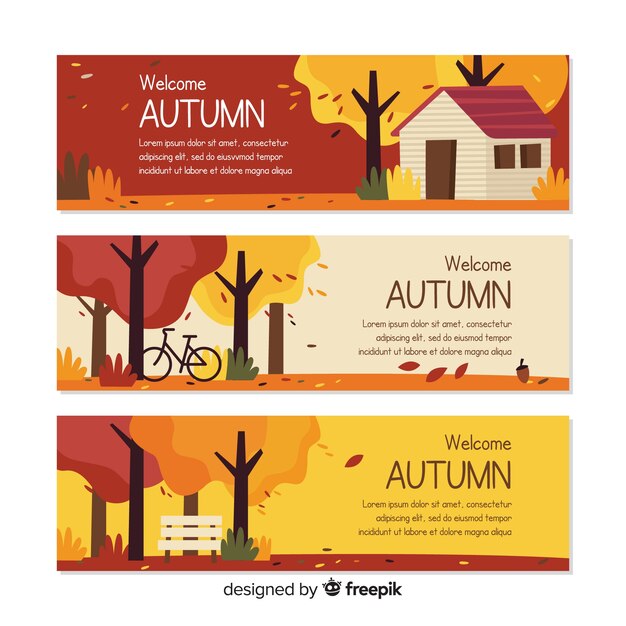 Plantilla de banners de otoño con hojas en diseño plano