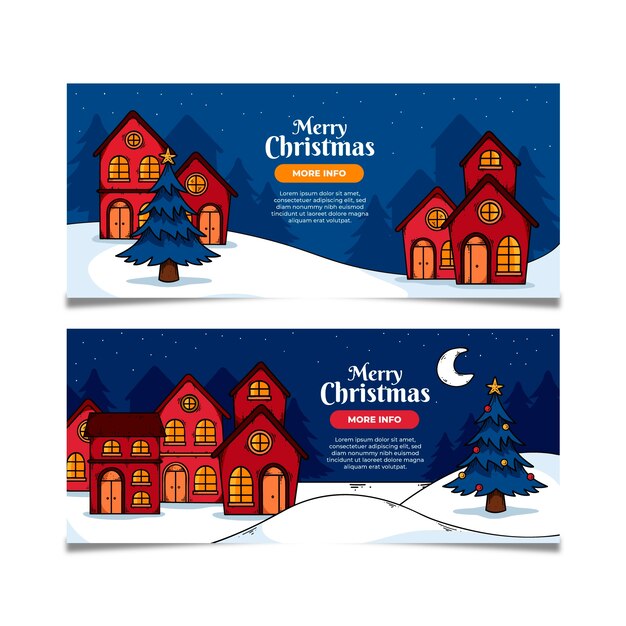 Plantilla de banners de pueblo navideño dibujados a mano