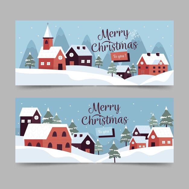 Plantilla de banners de pueblo navideño dibujados a mano