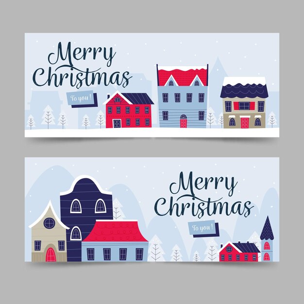 Plantilla de banners de pueblo navideño dibujados a mano