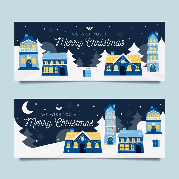 Plantilla de banners de pueblo navideño de diseño plano